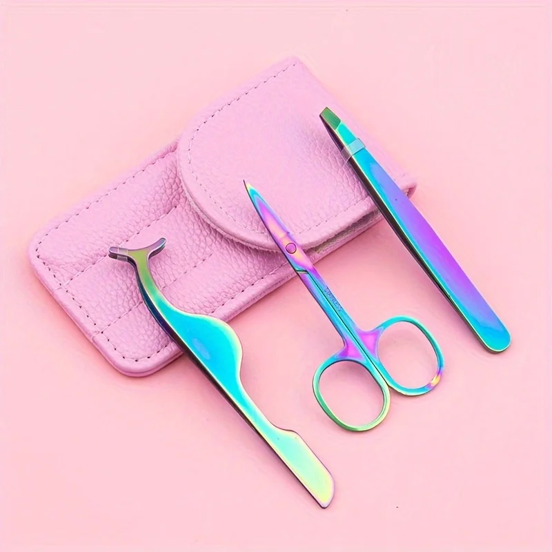 ชุดอุปกรณ์เสริมความงามพกพา 3 ชิ้น ทำจากสแตนเลส ประกอบด้วย กรรไกรตัดแต่งขนคิ้ว ที่หนีบขน และอุปกรณ์แต่งหน้า