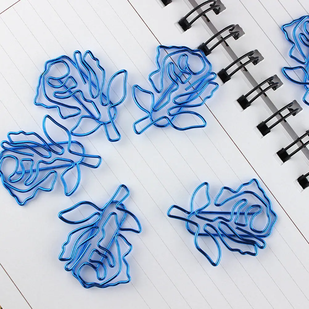10Pcs Blue Rose Shaped Paperclips Compact Creative Metal Clips Exquisite Rose Ornament Style for Business Cards Notes Envelopes