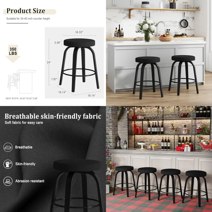 

Swivel Bar Stools Set of 2, 24" Counter Height Backless Bar Stools, Fabric Upholstered Seat, Sturdy Curved Wood Legs, Mid-Centu