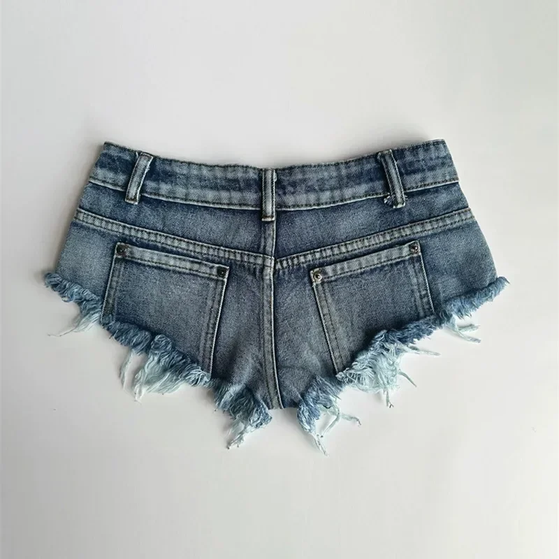 2025 Summer New Women Washed Blue Sexy Low Rise Ultra Short Denim Shorts Triangle Raw Shorts Female Jeans