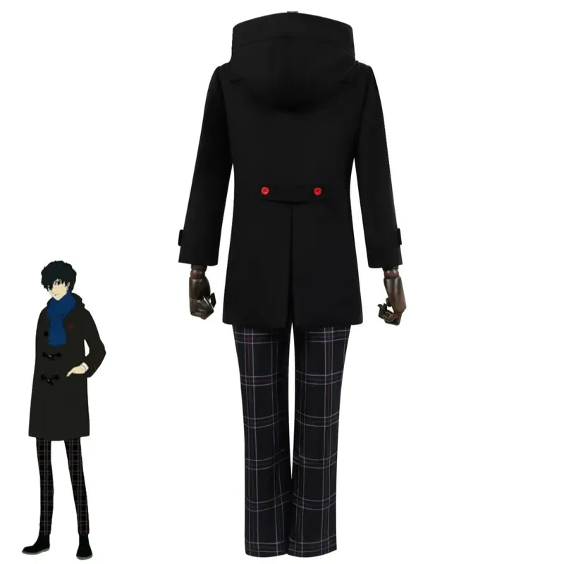 Game Amamiya Ren Cosplay Costume JOKER Winter Black Hooded Loose Coat Overcoat Scarf Uniform Wig Man Christmas Suit cm;5