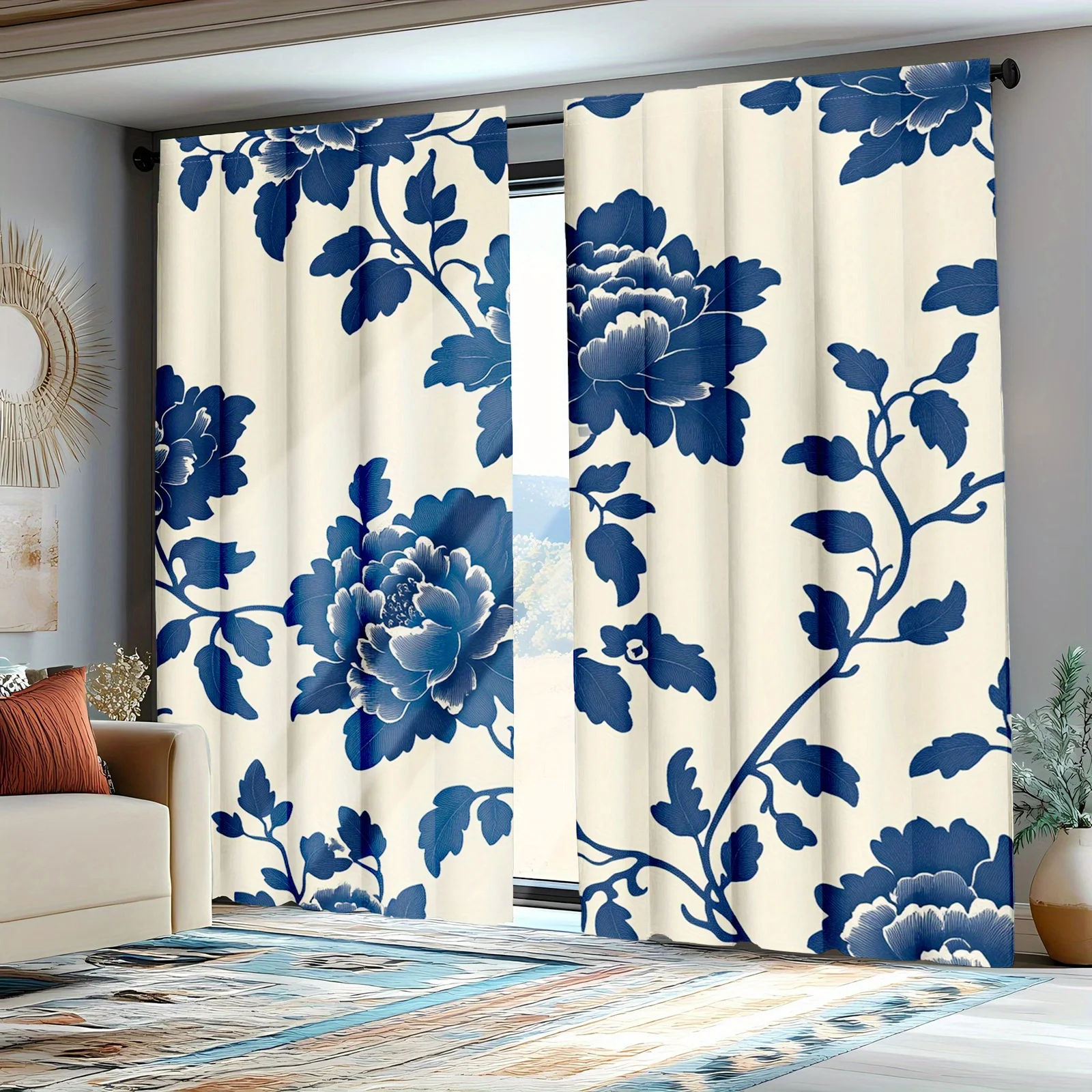 2pcs Decorative CurtainsBlue Lotus Door Curtain, Handcrafted Chinese for Home Divider