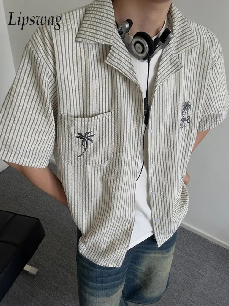 

Stylish Embroidery Striped Textured Shirts Mens Streetwear Vintage Button-up Lapel Short Sleeve Shirt Top Men Daily Casual Shirt