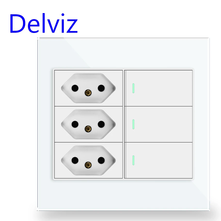 Delviz Brazil Standard Power Socket, AC 110V~250V,120mm*120mm socket with switch Glass Panel, 3 Gang 2 Way 16A Wall Light Switch