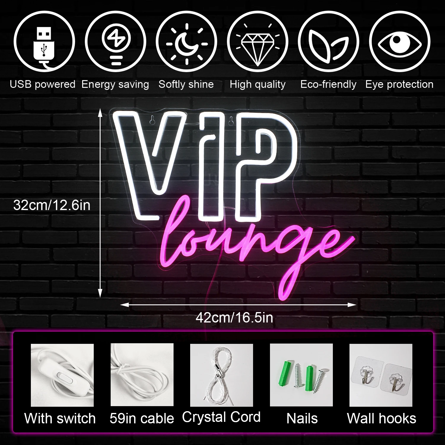 Neon Sign VIP Lounge Led Neon Lights Wall Decor for Club Bar Restaurant Business VIP Group Decor USB LED Neon Signs 42*32CM