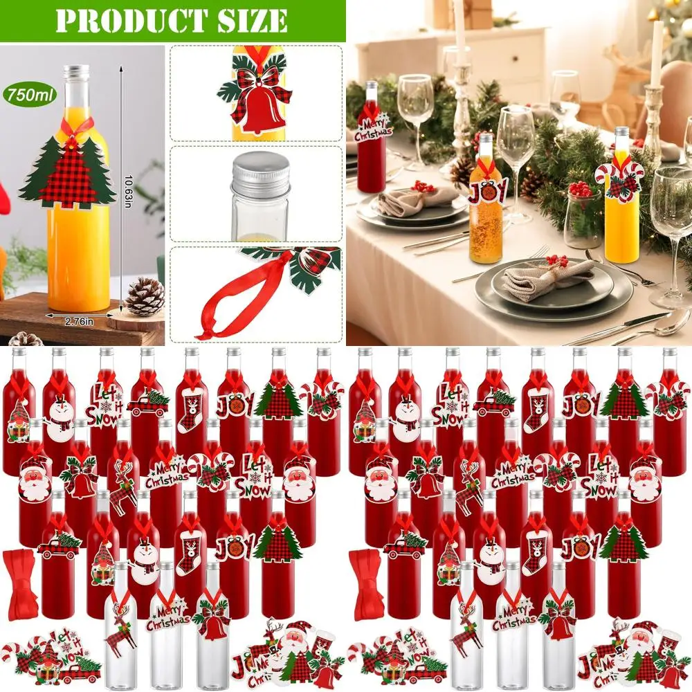 

Set of 24 750ml Clear Christmas Wine Bottles with Caps and Tags for Holiday Home Brewing and Party Decorations (Red and Black Pl