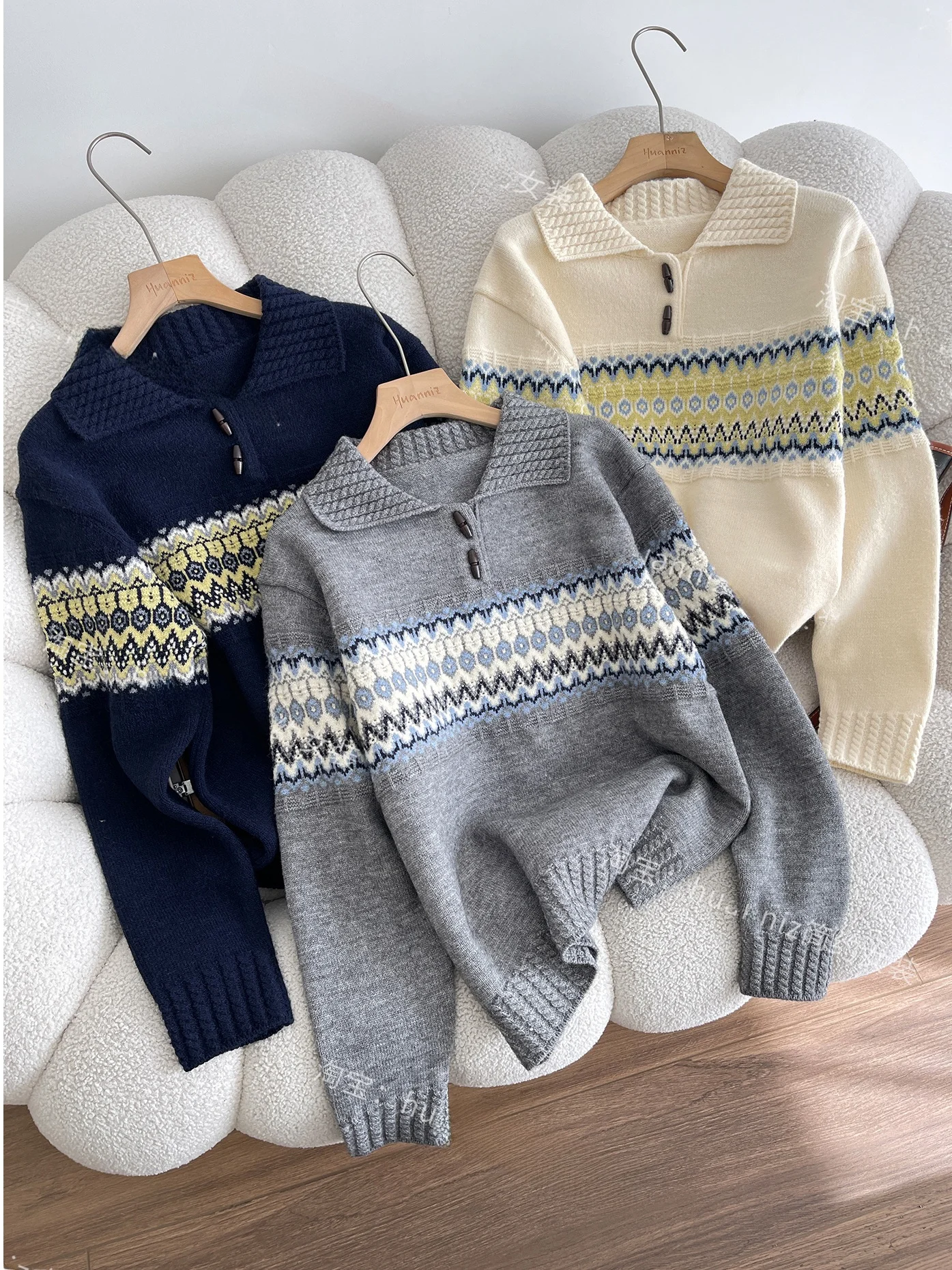 

Retro Fair Isle Knit Sweater Women's Long Sve Collared Pullover Winter Thiened Lazy Button-Up Geometric Pattern Top