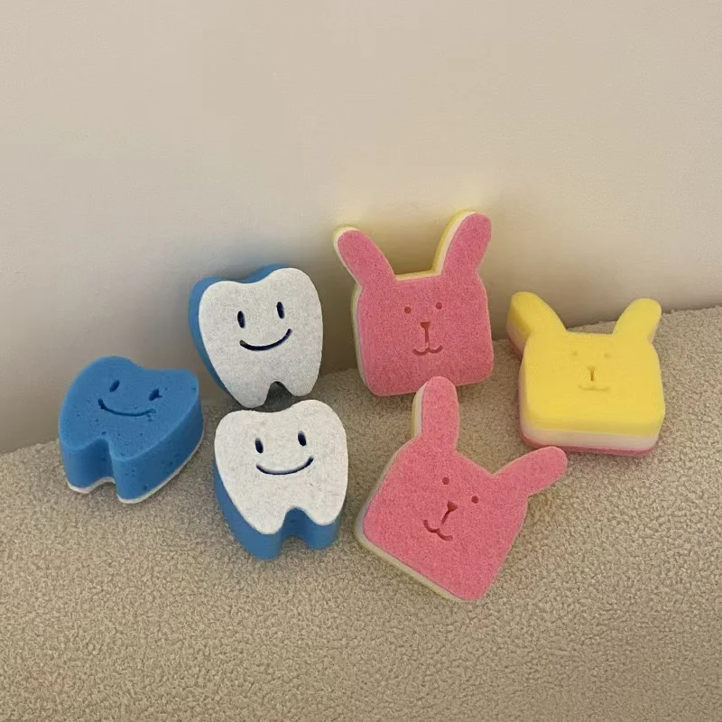 Pack of 6 rabbit tooth sponge Heavy duty pad Strong decontamination dish towel Cute shape does not scratch kitchen accessories