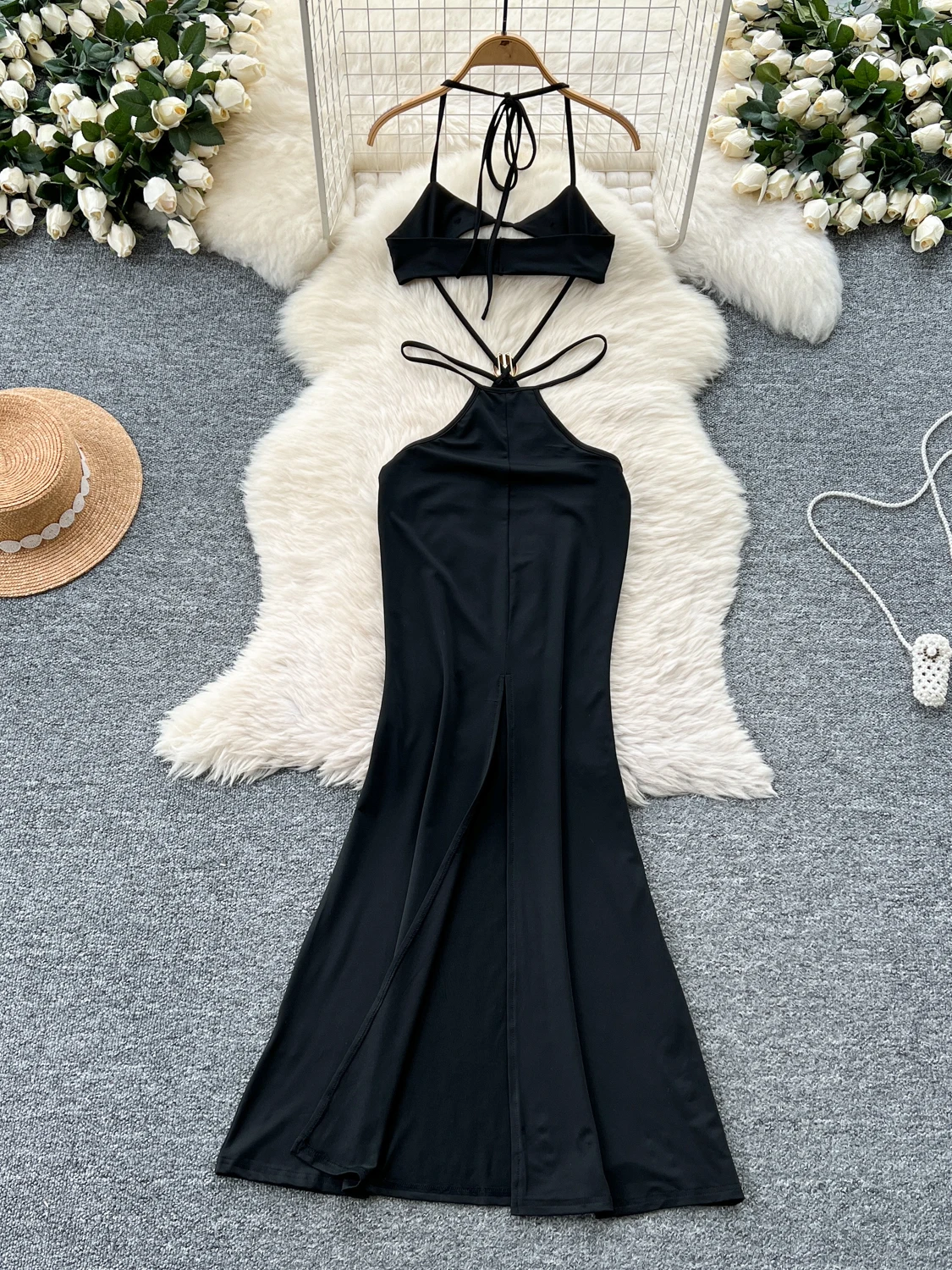 Foamlina ins อินเทรนด์บริสุทธิ์ Hollow out เอวชุดเอี๊ยมเชือกแขวนคอผู้หญิงแน่น Skinny bodycon ชุดหางปลา