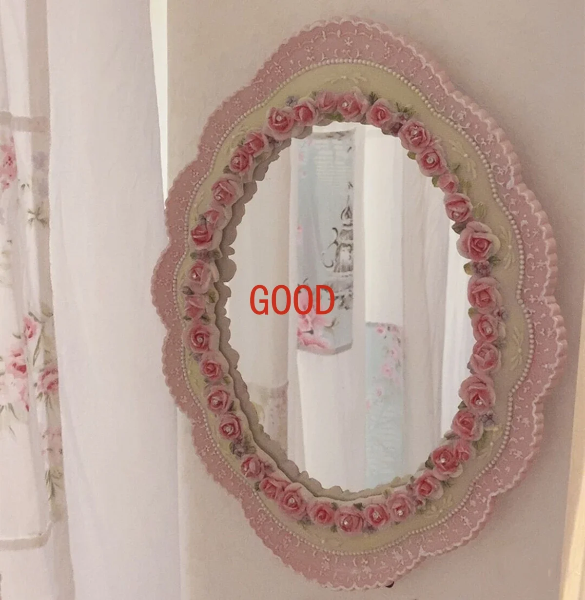 Stand Desktop Mirror Large Home Decoration Elegant Environmentally Pink Vintage Baroque Wall-Mounted Mirror for Bedroom Artistic