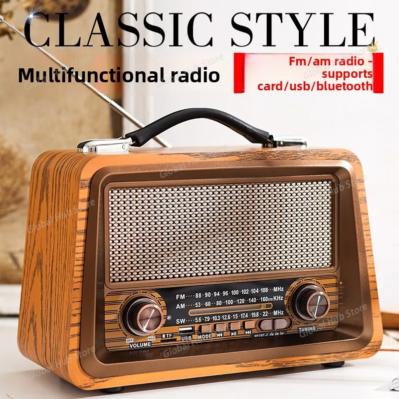 R-2066BT Retro Multi Band Real Wooden Rechargeable Radio with Wireles Bluetooth Link USB Mp3 Player Outdoor Portable Speaker Box