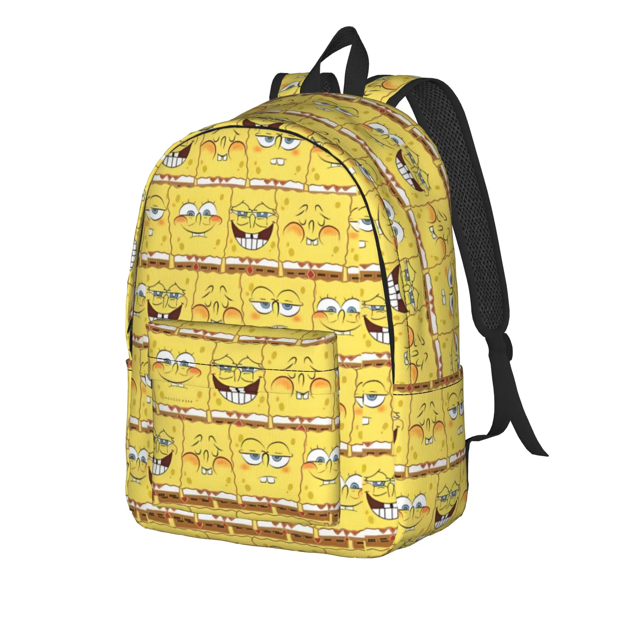 S-SpongeBobed Stacked Sponge Block Pattern Backpack  Youth Polyester Travel Backpacks Pattern Fun High School Bags Rucksack