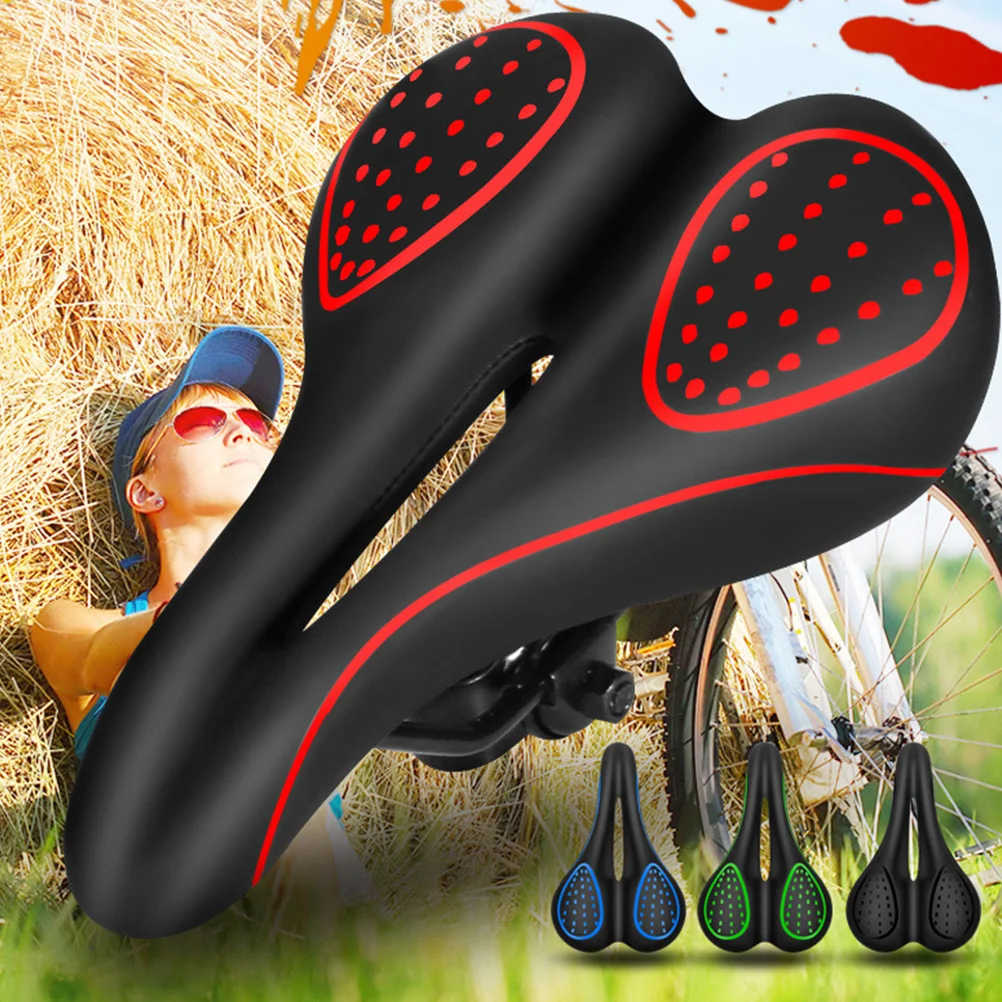 سرج دراجة من السيليكون، تصميم مريح ومسامي، ملحقات ركوب الدراجات الربيعية السميكة باللون الأسود والأحمر