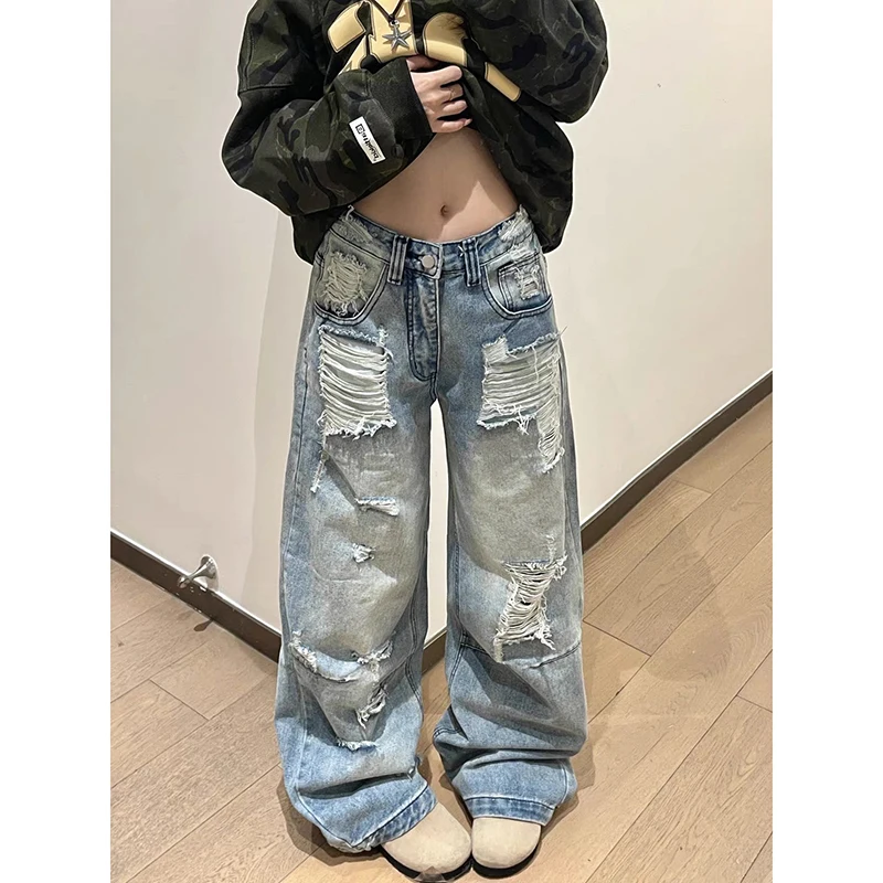 

Женские широкие джинсы ZHIZOU с рваными элементами, в американском ретро-стиле Y2K, дизайнерские, в стиле хип-хоп, ковбойские, японские, в стиле Харадзюку, длинные брюки