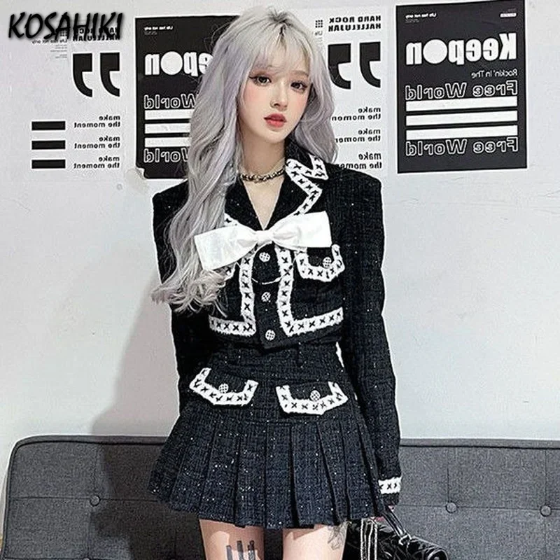 KOSAHIKI Y2k Black Two Pieces Set Women Crop Blazer Jackets + Mini Pleated Skirts Girls Punk Gothic Outfits 2024 Ins Korean Suit