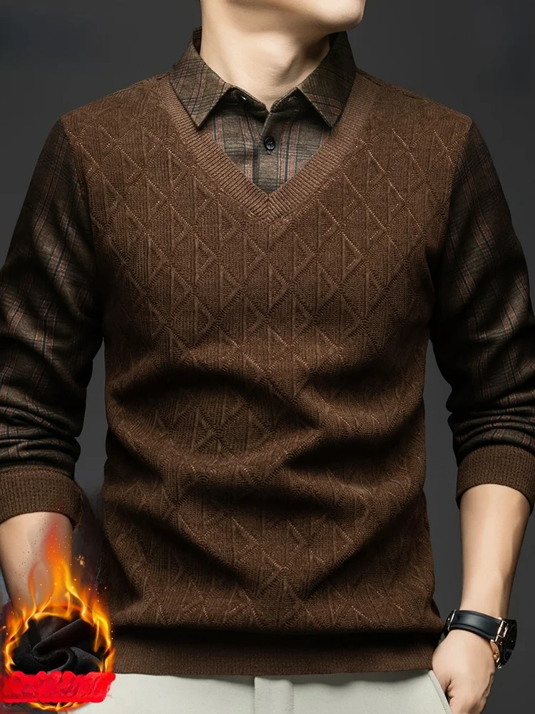 

Thiened Fce Men's Knitted Sweater Casual Collar Fake Two-Piece Winter Warm Top Middle-Aged Dad Sle Comfortable Base irt