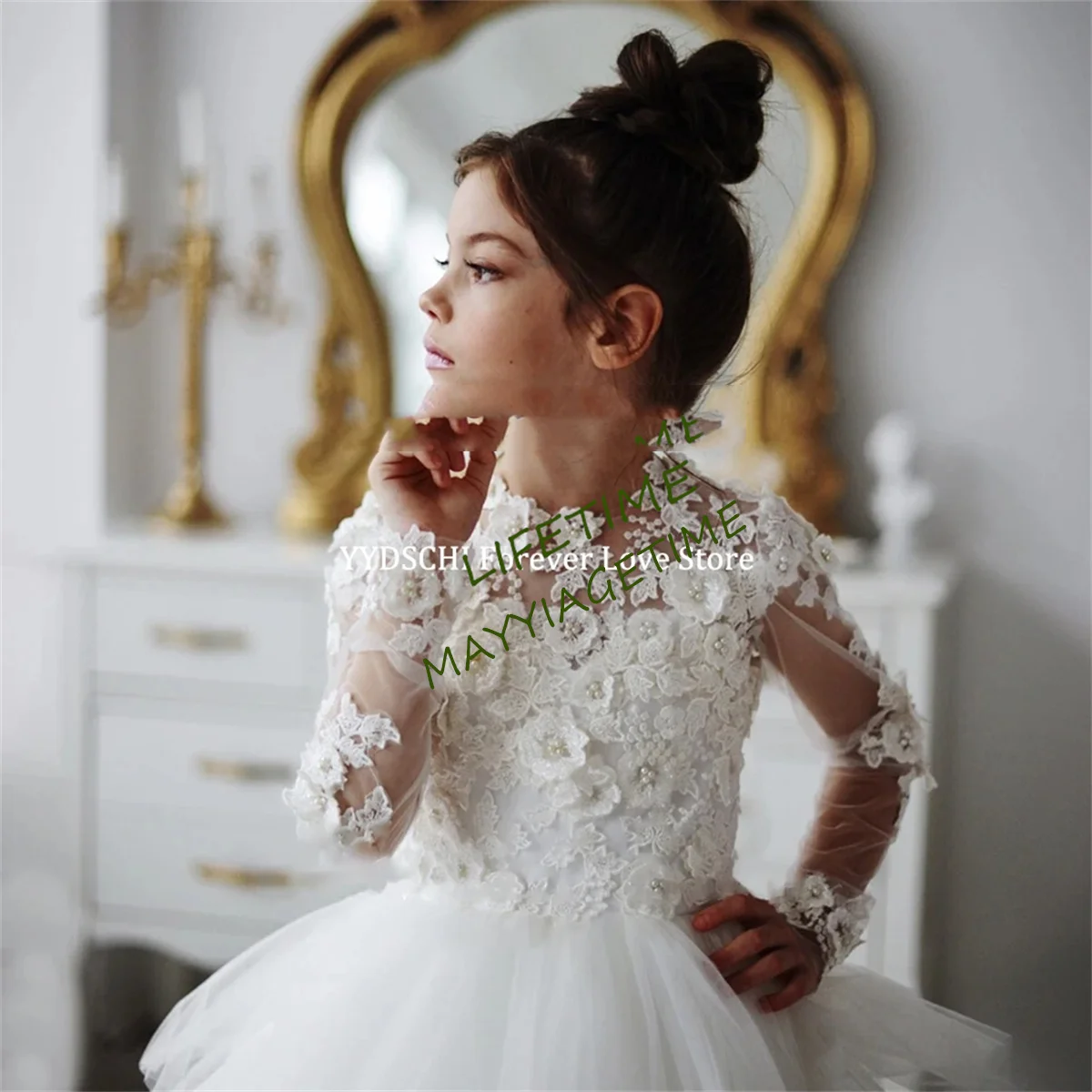 Robe de demoiselle d'honneur en dentelle à manches longues, tulle à plusieurs niveaux, robe trapèze blanche élégante, appliques en dentelle, fête d'anniversaire, première communion d'enfants, quoi que ce soit, 2024