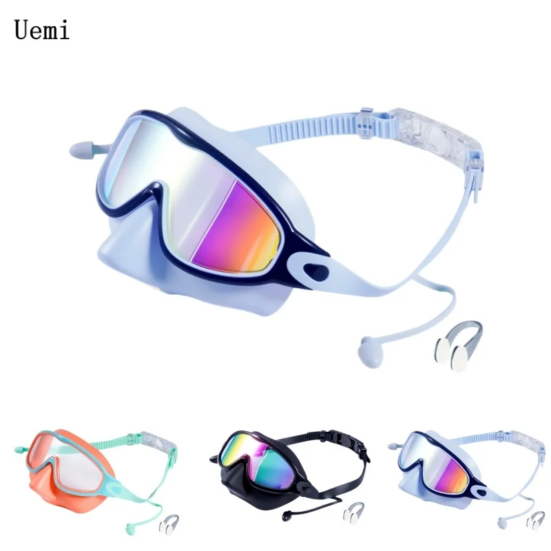 Schwimmbrille mit Nasenschutz, Weitwinkel-Schwimmmaske Anti-Beschlag/UV-Schutz