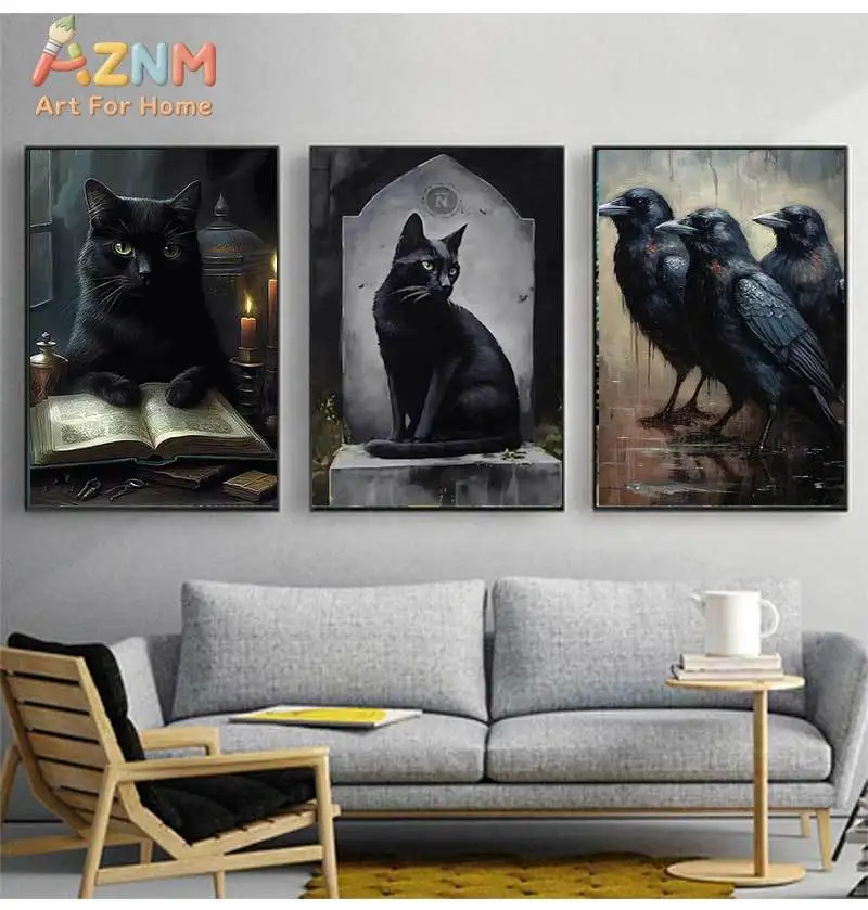AZNM Gothic Raven Crow Plague Doctor Pumpkin Candle Canvas Wall Art, Dark Vintage Halloween Frameless Canvas Print Poster for Ho