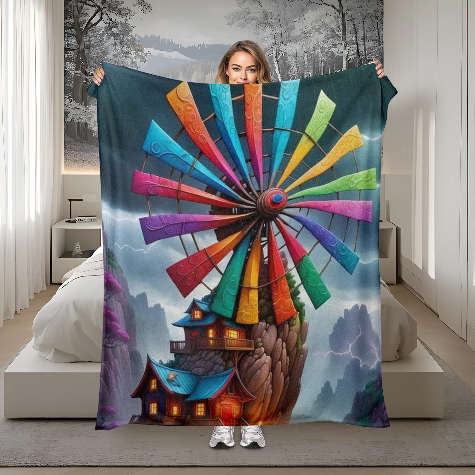 Combining Colorful Windmills With Cottage Scenes This Cartoon Blanket Brings Joy