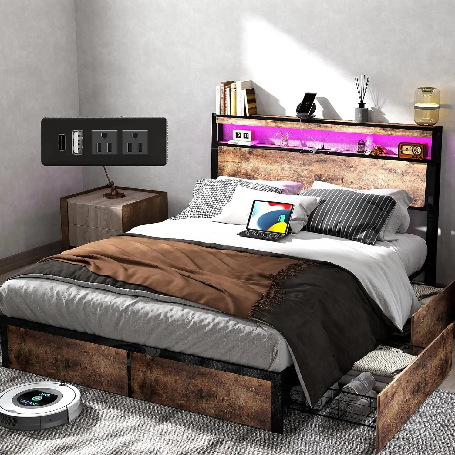 Large bed frame with 4 storage drawers and charging station, 2-story solid wood headboard storage, vintage brown color