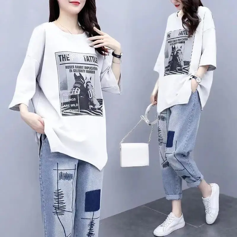 Summer New Korean Edition Large Women\'s Set 3/4 Sleeve Loose T-shirt+Casual Wide Leg Jeans Pants Western Two Piece Set for Women