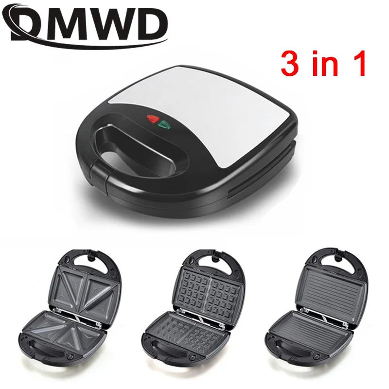 DMWD 3 in 1 Electric MINI Egg Waffle Sandwich Maker Grilling Plates Breakfast Baking Machine Panini Toaster Bread Frying Pan EU