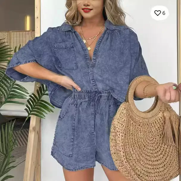 Fashion Vintage Denim Blue Shorts Suit For Women Summer New Simple Fashion Pocket String Casual Loose Tops 2 Piece Set Female