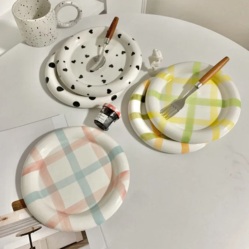 European-style White Ink Ceramic Plate Tableware Main Course Kitchenware Household Western-style Round Plate Decorative Plate