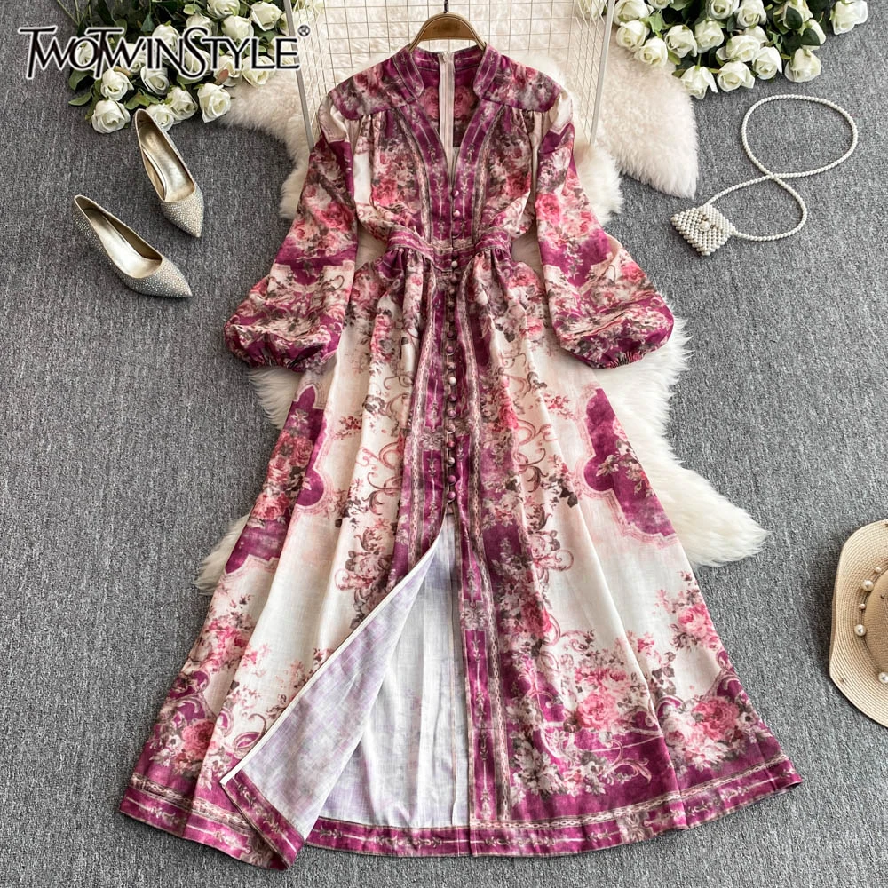 TWOTWINSTYLE Floral Print Vintage Dress For Women V Neck Lantern Sleeve High Waist Temperament Formal Dresses Female KDR517567