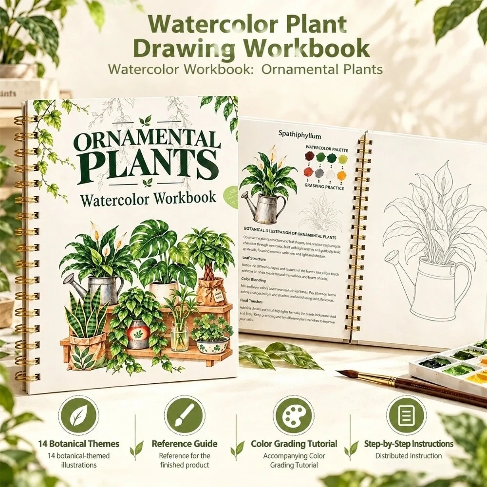 10 Sheets Fruit & Plant Theme Watercolor Practice Workbook Step-By-Step Line Art Style Painting Tutorial Book Beginner Friendly