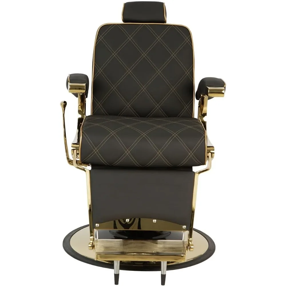 Barber Chair with Stunning Gold Metal Frame, Gold Diamond Stitching & Gold Piping, Extra Wide Seat, Barber Chair