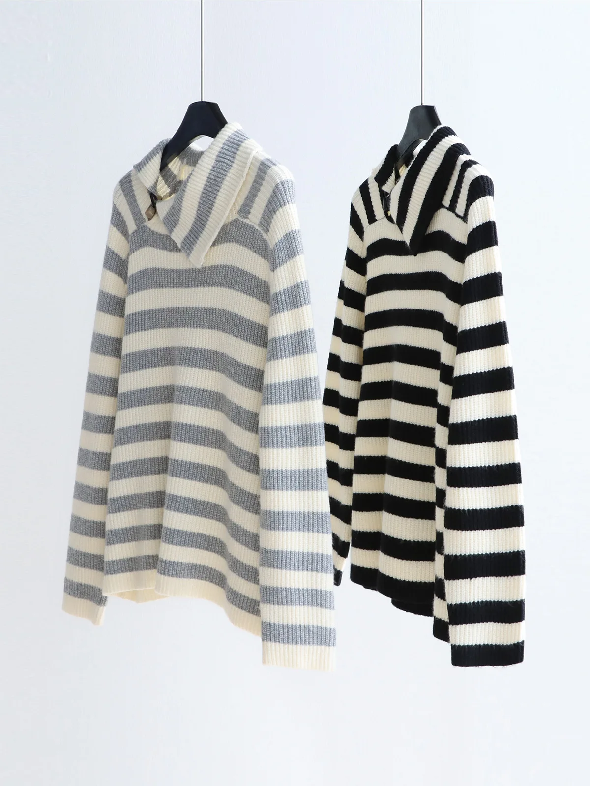 Dave&Di Asymmetric collar fashionable striped sweater snowflake velvet thick needle thick knit sweater loose casual women