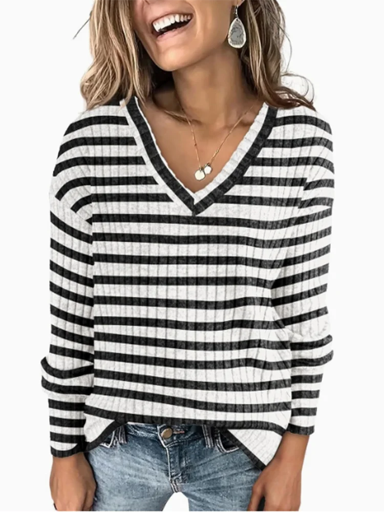 Striped V-neck Long Sleeved Casual Color Blocked Women's T-shirt Daily Office Slim Fit Versatile Autumn Top