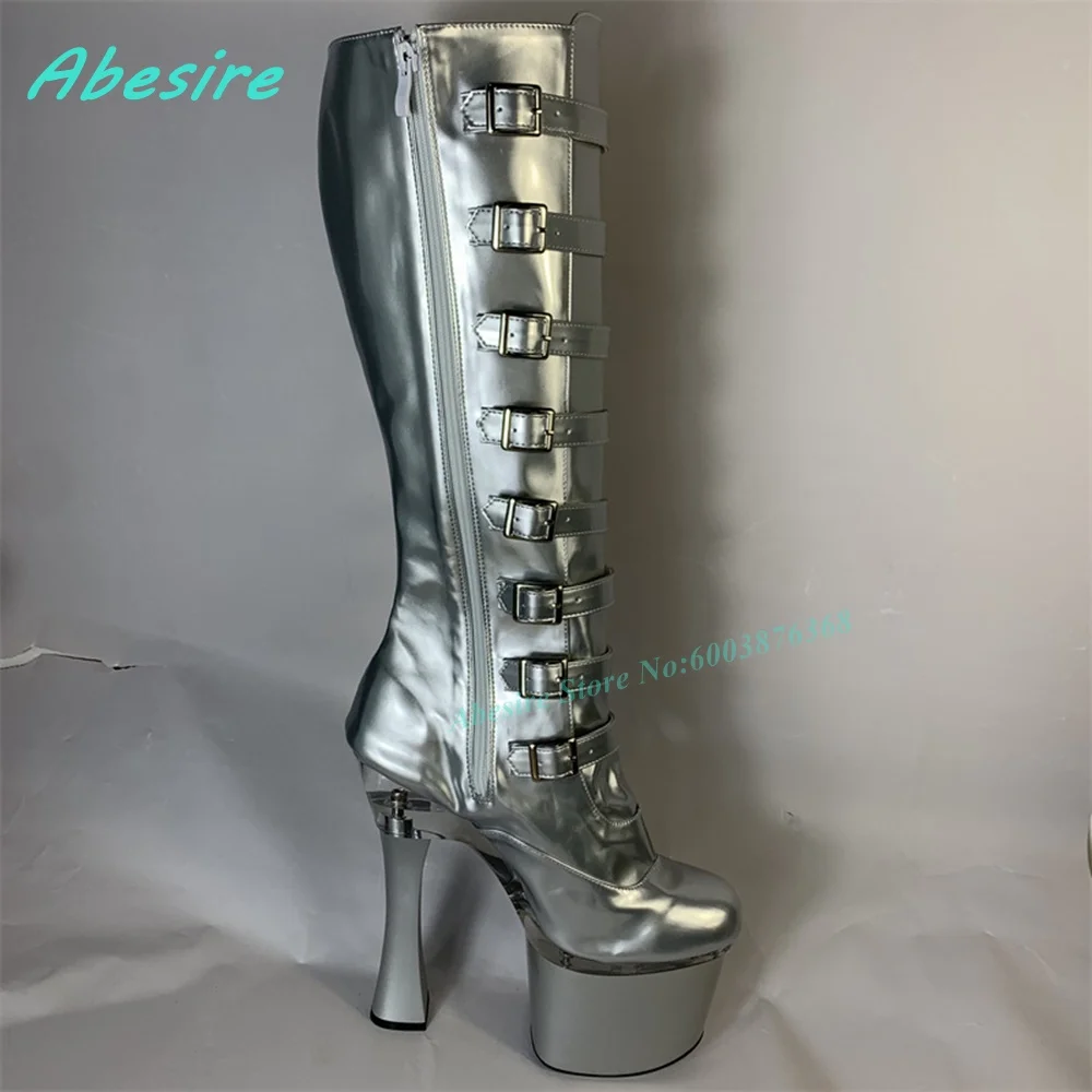 

20Cm Silvery Pole Dance Boots Multi-Buckles Platform Chunky Heels Shoes for Women Spicy Girls Nightclub Stage Party Shoes