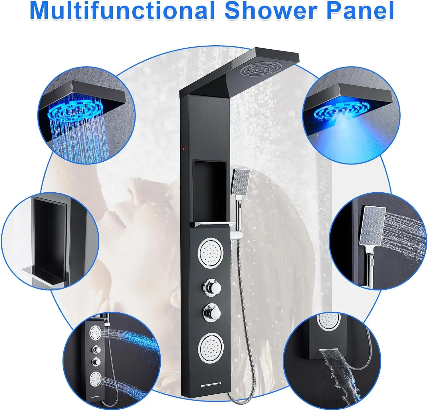 ROVATE Shower panel LED 304 Stainless Steel Tower System Bathroom shelf Mist Rainfall System Body Jets 3-Function Handheld Black