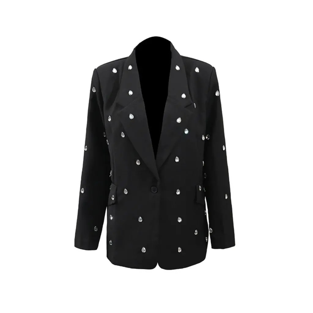 

Elegant Women's Small Blazer Commuter Style Heavy Craft Water Drop Rhinestone Patchwork Long Sleeve Single-Breasted Jacket