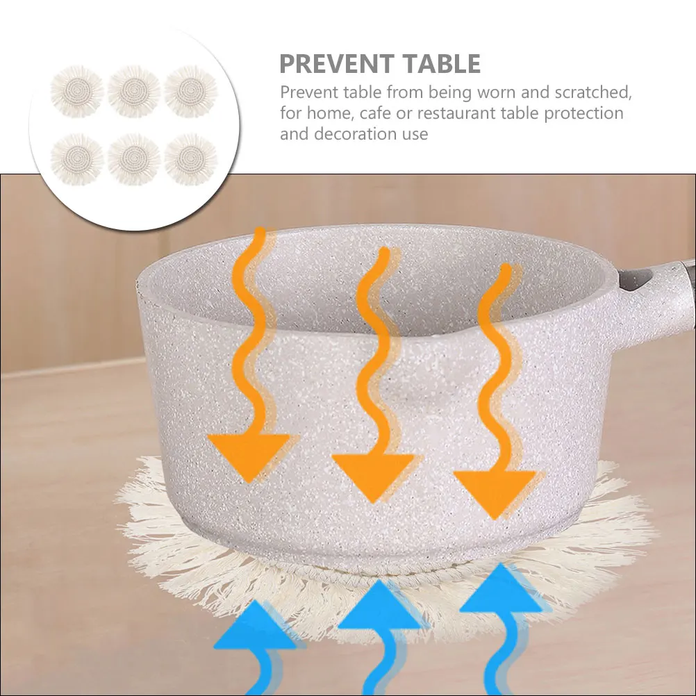 

6pcs Cotton Placemats Woven Tassel Place Mat Round Tableware Coasters Heat Insulated Dish Bowl Mats For Home Cafe