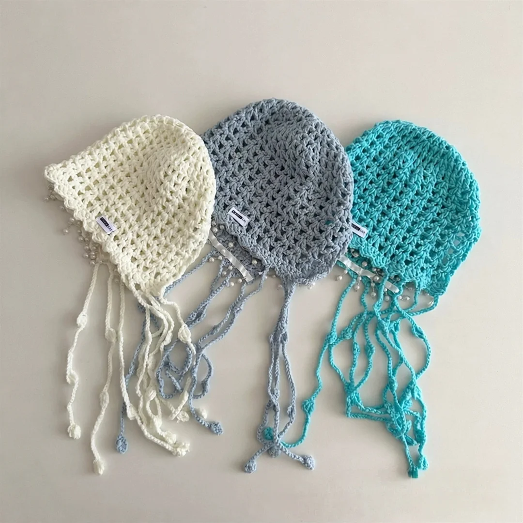 Girls Crochet Fringe Hat Cotton Knit Bonnet Hollow Beanie with Pearls for Kids Hair Accessories Autumn Photo Prop Boho Style