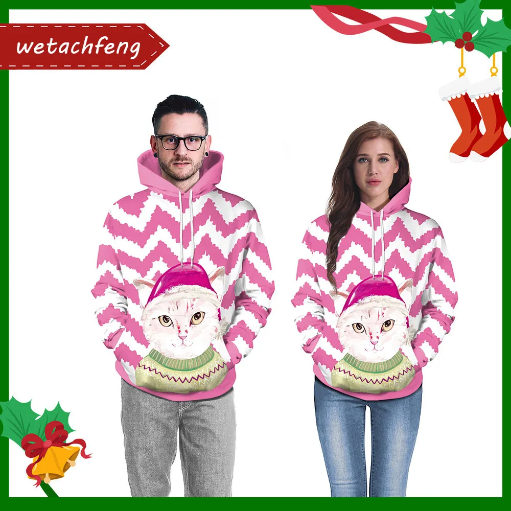 

Men Women Ugly Christmas Sweater Pink Xmas Clothing Cat Animal Cartoon Funny Cute Christmas Jumper New Year Party Holiday Tops