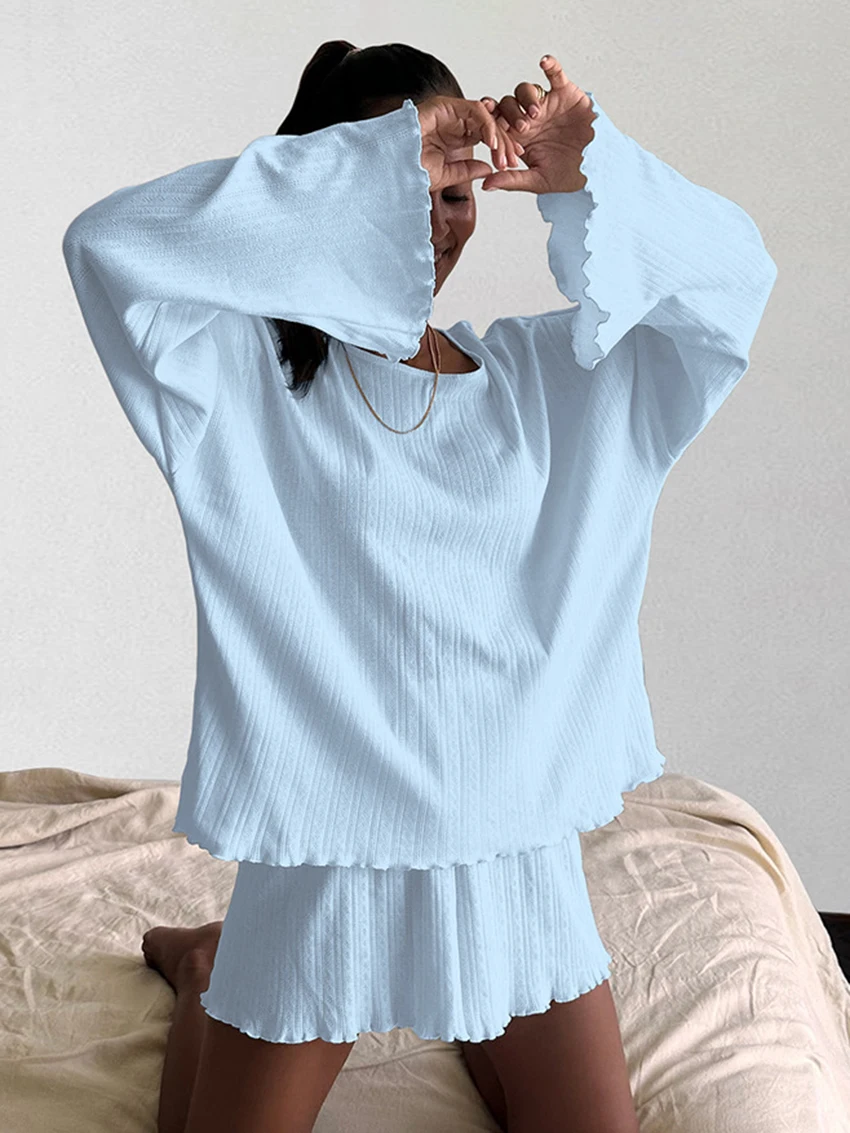 Marthaqiqi-2-Piece Terno de pijama azul solto para mulheres, pijamas femininos, pijamas amarelos casuais, shorts de manga comprida, o pescoço,