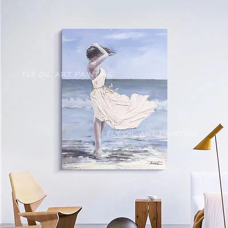 Large size young girl art painted 2023 canvas 100% handmade oil painting no frame blue art on canvas wall decor picture