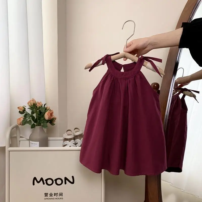Girls' Summer Dress Children's Suspender, Baby's Summer Korean Version Solid Color Pleated Pretty Dress