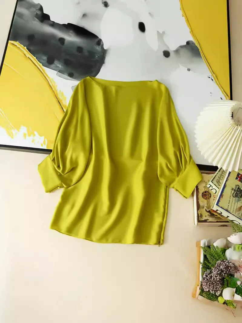 BirdTree, 95%Natural Silk Elegant Shirt, Women Long Sleeve Slash Neck Solid, Loose Fashion Blouses, 2024 Summer Autumn T46010QM