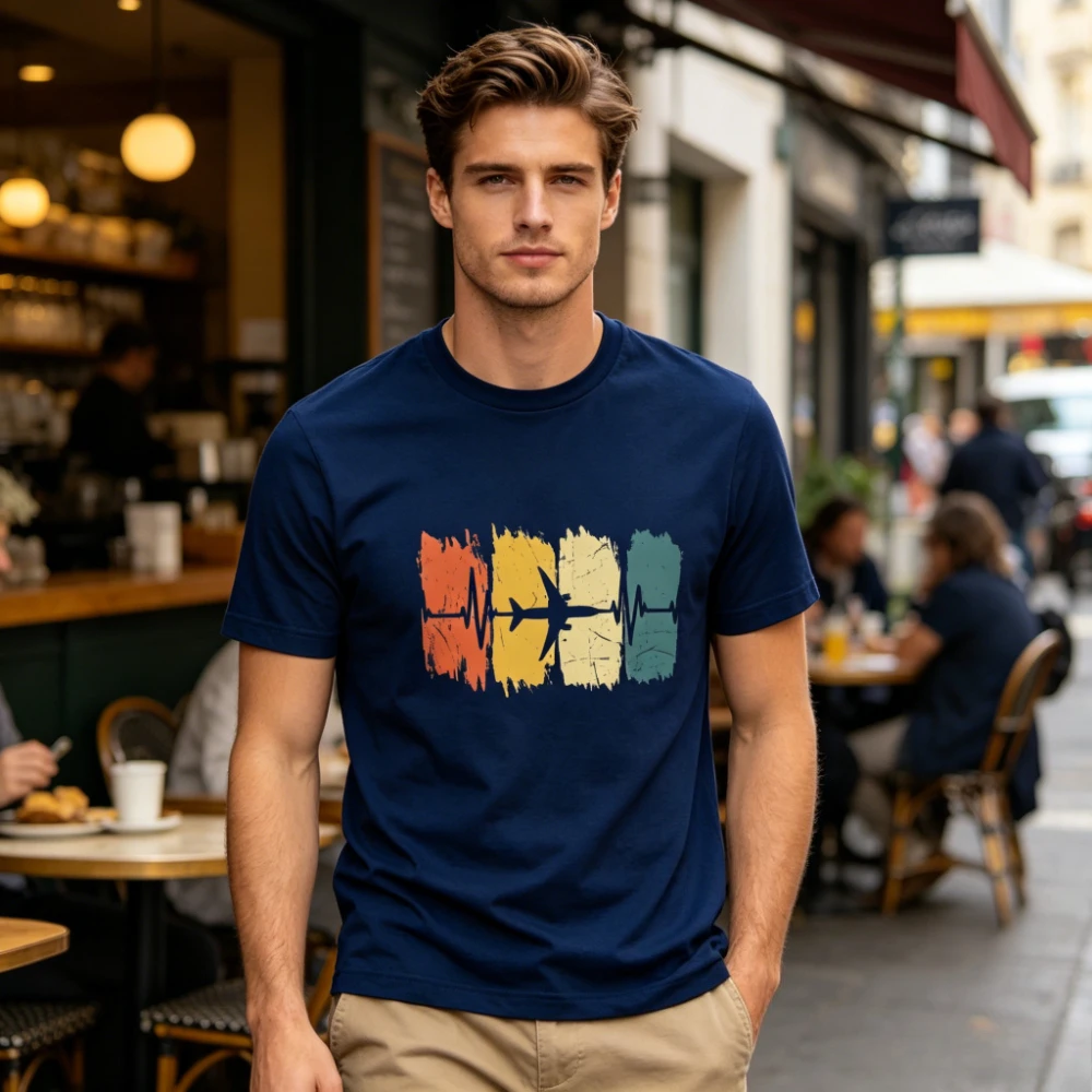 Retro Airplane Heartbeat Graphic T-Shirt Vintage Pilot ECG Plane Tee Aviation Lover Distressed Multicolor Casual Cotton Shirt