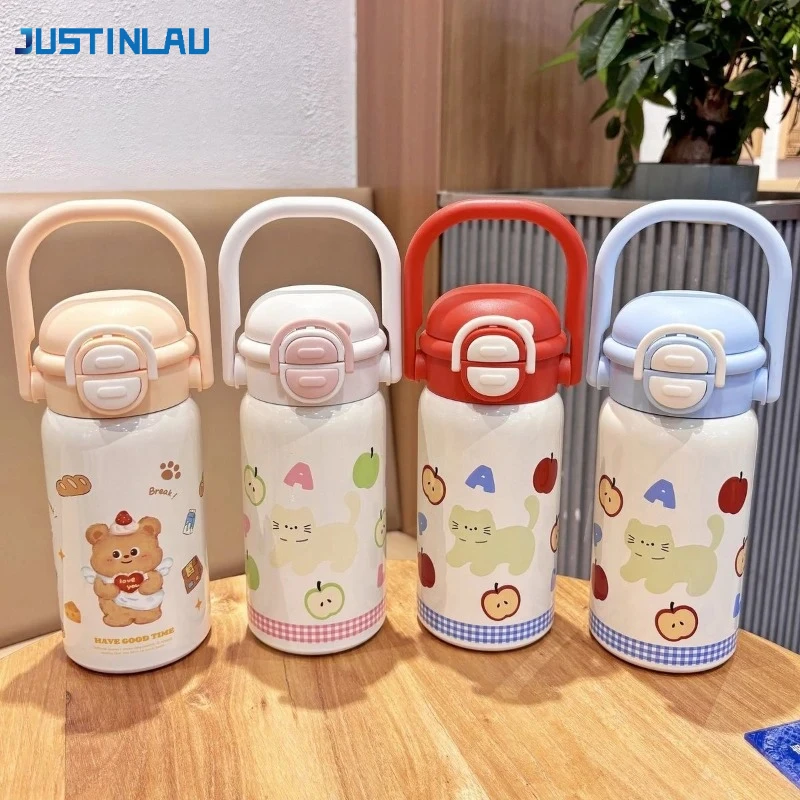 

JUSTINLAU Stainless Steel Insulated Water Bottle High-Value Student Water Bottle Portable Children's and Girl Straw Cup Cute Cup