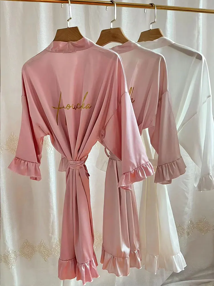 Personalized Bridesmaid Robes with a Ruffled Bridal Shower Dressing Gown Unique Wedding Day Robe For Bride Custom Ruffle Kimonos