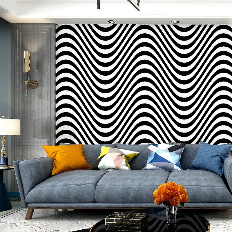 Wavy wallpaper black and white vertical stripe modern simple geometry Nordic style bedroom living room TV background wallpaper