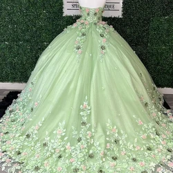 Real Image Sage Green Quinceanera Dresses Sweetheart Ball Gown Lace Appliqued Off The Shoulder Corset Vestidos De XV Anos NEW