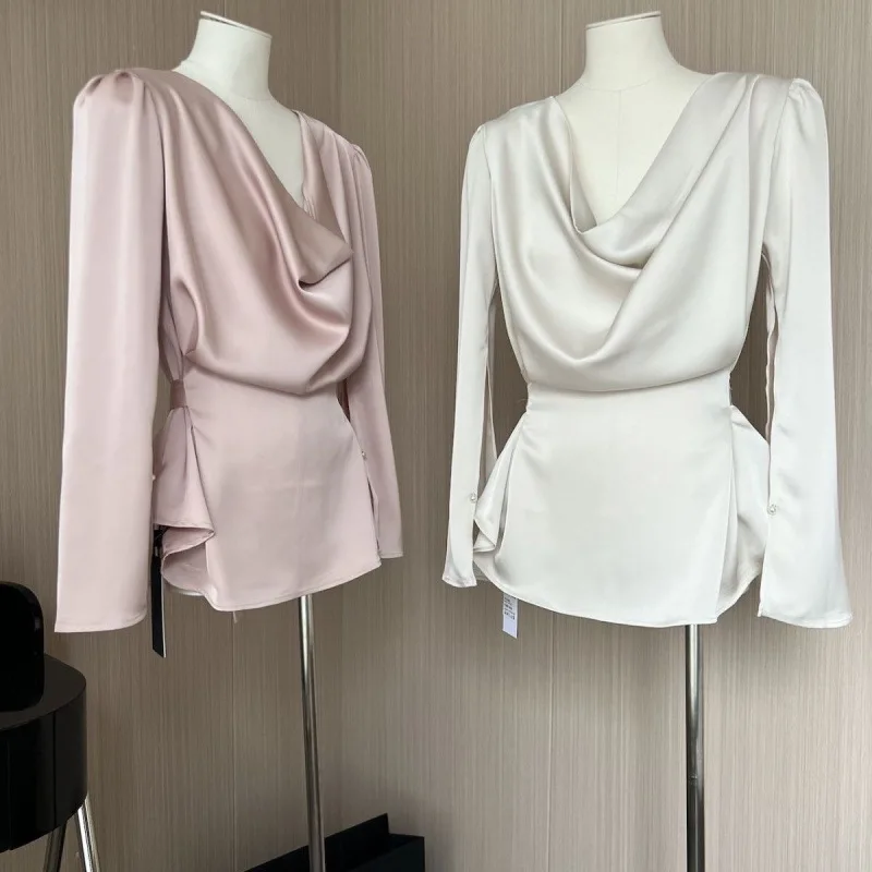 Women's New Spring Satin Elegant Long-sleeve Shirt, Cowl Neck Loose Lace-up Waist-cinching Blouse Top